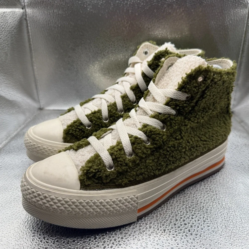 Size 4 Converse Chuck Taylor All Star Green Kids High‎ Sherpa Sneakers 673198C